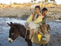 Afghan boys fetch water on donkey