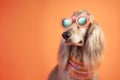 Afghan Hound dog puppy in sunglass shade glasses isolated on solid pastel background