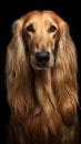 The Afghan Hound\'s portrait is a blend of glamour and mystery, with a silky mane, a slender build,