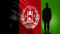 Afghani soldier silhouette standing against national flag, proud army sergeant