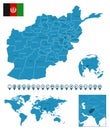 Afghanistan - detailed blue country map with cities, regions, location on world map and globe. Infographic icons