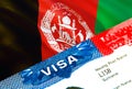 Afghanistan immigration visa. Closeup Visa to Afghanistan focusing on word VISA, 3D rendering. Travel or migration to Afghanistan