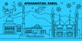 Afghanistan, Kabul winter holidays skyline. Merry Christmas, Happy New Year decorated banner with Santa Claus.Flat