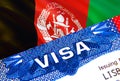 Afghanistan Visa in passport. USA immigration Visa for Afghanistan citizens focusing on word VISA. Travel Afghanistan visa in