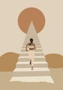 Illustration of woman walking up the stairs to the top of the pyramid shaped stairs in retro style Royalty Free Stock Photo