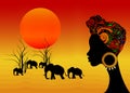 Landscape view of Africa with young African woman with turban looking to elephants and rising sun. Vector African safari concept