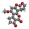 Aflatoxin B1 mold carcinogenic molecule. 3D rendering. Atoms are represented as spheres with conventional color coding: hydrogen