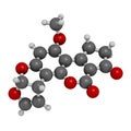 Aflatoxin B1 mold carcinogenic molecule. 3D rendering. Atoms are represented as spheres with conventional color coding: hydrogen