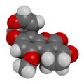 Aflatoxin B1 mold carcinogenic molecule. 3D rendering. Atoms are represented as spheres with conventional color coding: hydrogen