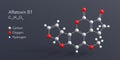 aflatoxin b1 molecule 3d rendering, flat molecular structure with chemical formula and atoms color coding