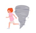 Afraid little girl child cartoon character running away from approaching tornado natural disaster