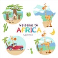 Africa. African animals and plants. Set of vector illustrations in cartoon style.