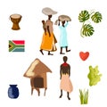 Africa and african people vector illustration set. Black women in skirt and hut in Africa, african flag and plants Royalty Free Stock Photo