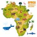 Africa animal world map continent. Set tropical animals flora wild savannah jungle fauna. Vector cartoon style