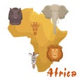 Africa animals map or continent vector illustration. Lion, elephant, zebra and giraffe cartoon savanna african animals