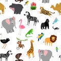 Africa animals pattern. African cute drawing animal seamless pattern for baby decoration with parrot and lion, giraffe Royalty Free Stock Photo