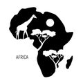 Africa. Black and white map of Africa continent with silhouette giraffe. Vector illustration