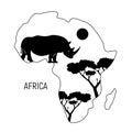 Africa. Black and white map of Africa continent with silhouette rhinoceros. Vector illustration