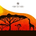 Africa card acacia tree and giraffe silhouette Royalty Free Stock Photo