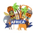 Africa concept, vector illustration, african ethnic travel design, traditional culture with tribal mask, nature palm and