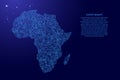 Africa continent map from blue isolines or level line geographic topographic map grid and glowing space stars. Vector illustration