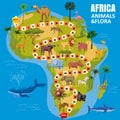 Africa continent map board game with set tropical animals, jungle flora for kids. Vector cartoon illustration Royalty Free Stock Photo