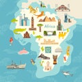 Africa continent, world map with landmarks vector cartoon illustration Royalty Free Stock Photo