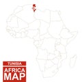 Africa contoured map with highlighted Tunisia