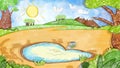 Africa grassland pond background. Cute oil pastel drawing crayon doodle for children book illustration poster wall painting.