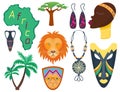 Africa icons jungle tribal and maasai ethnic african woman ancient safari traditional travel culture illustration Royalty Free Stock Photo