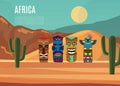 Africa landscape and African masks, vector illustration. African voodoo masks. Ritual african ethno symbols. Colorful