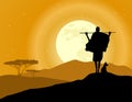 Africa landscape background. Hunter, animal silhouettes and moon rise. African savanna