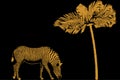 Africa landscape with zebra silhouettes and palm tree