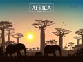 African landscape. Grass, trees, birds, animals silhouettes. Abstract nature background. Royalty Free Stock Photo