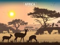 African landscape. Grass, trees, birds, animals silhouettes. Abstract nature background. Royalty Free Stock Photo