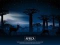 African landscape. Grass, trees, birds, animals silhouettes. Abstract nature background. Royalty Free Stock Photo