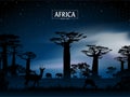 African landscape. Grass, trees, birds, animals silhouettes. Abstract nature background. Royalty Free Stock Photo