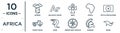 africa linear icon set. includes thin line baobab, ankh, south african rand, river, warrior, rhino, pickup truck icons for report