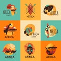 Africa logo. Travel badges or adventure print templates with african symbols recent vector illustrations with place for