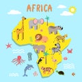 Africa mainland cartoon map with local fauna. Cute african animals flat vector. Savannah predator. Desert species