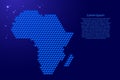 Africa mainland map from 3D blue cubes isometric abstract concept, square pattern, angular geometric shape, glowing stars. Vector