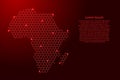 Africa mainland map from futuristic hexagonal shapes, lines, points red and glowing stars in nodes, form of honeycomb or molecular