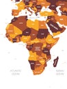 Africa map - brown orange hue colored on dark background. High detailed political map of african continent with country