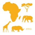 Africa. Map of Africa continent with wild animals silhouettes - elephant, rhinoceros, giraffe. Eco friendly design