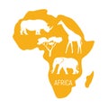 Africa. Map of Africa continent with wild animals silhouettes - elephant, rhinoceros, giraffe. Eco friendly design