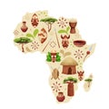 Africa map silhouette with ethnic elements in cartoon style. Tribal ornaments on shields, masks, nature objects baobab