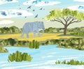 Africa. Savanna landscape with elephant. Reserves and national parks outdoor. Vector Illustration with animal, river, acacia tree