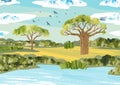 Africa. Savanna landscape. Vector baobab, acacia tree and river. Reserves and national parks outdoor. Bright hand draw vector