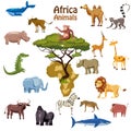 Africa tropical animals map south continent. Collection cute exotic characters. Vector illustration isolated Royalty Free Stock Photo