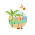 Africa. Vector illustration in cartoon style. A cute giraffe is standing near a banana palm tree.